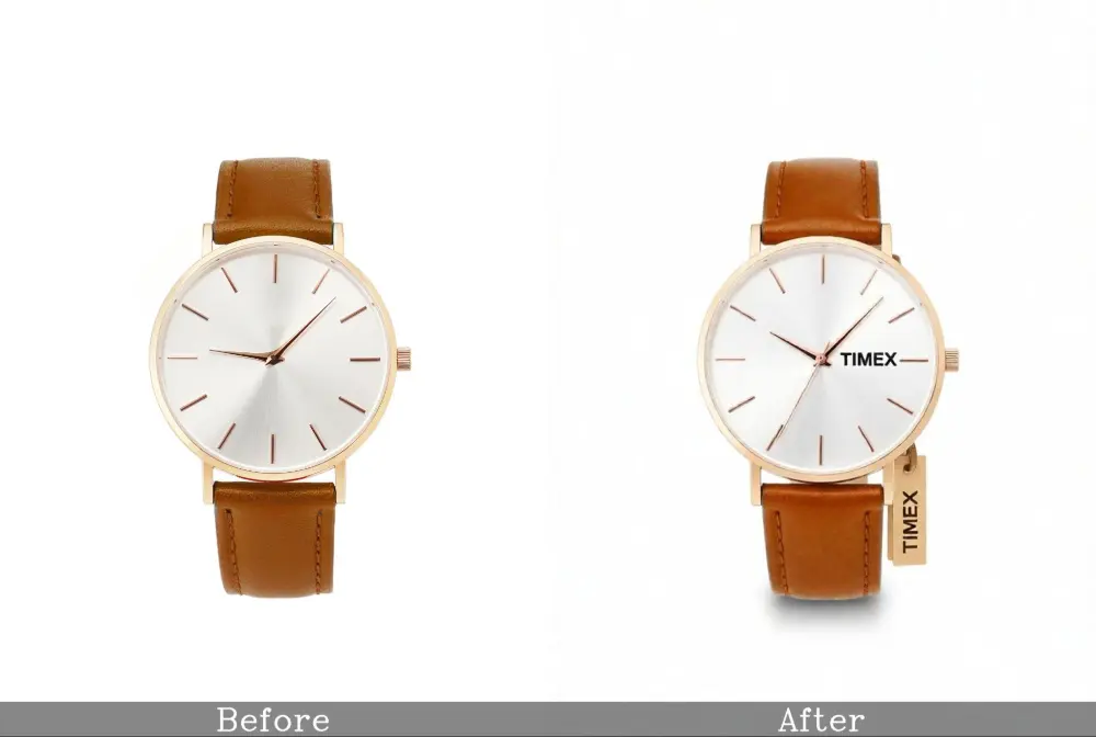 Before and after watch photo, simple background, then brand identity with tag