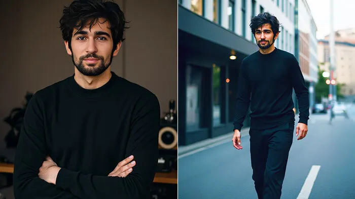 Before and after photo showing motion pose with city street background.