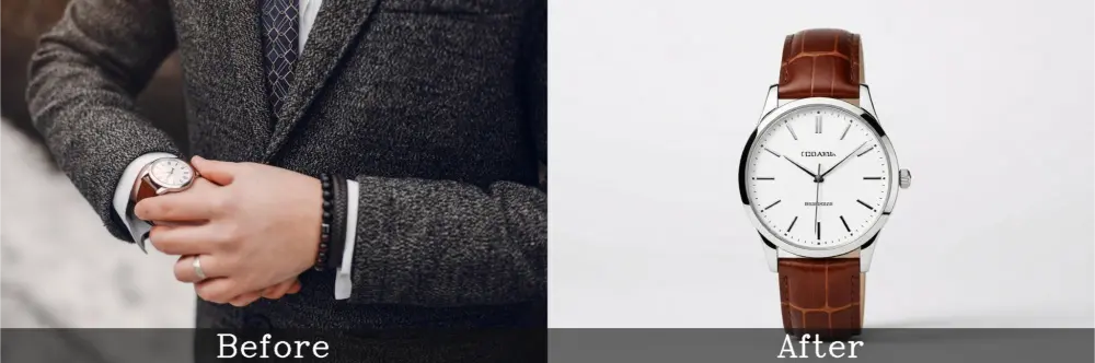 Before and after watch photo person checking time then white background.