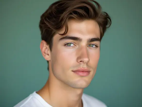 Ultra-realistic cinematic studio portrait of a young man with soft teal-orange lighting