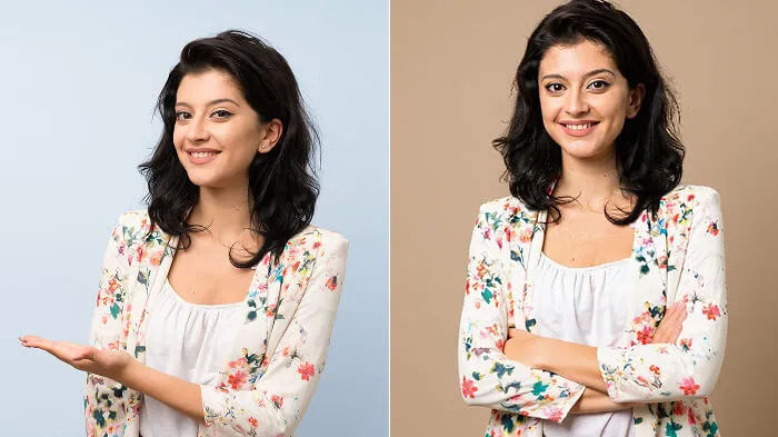 Before and after photo showing confident posture and professional lighting setup.