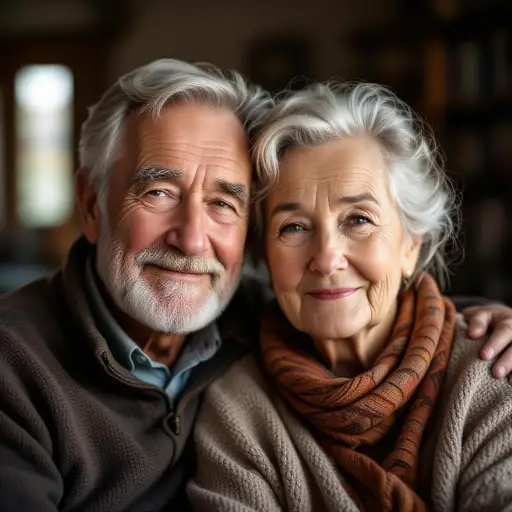 Elderly couple portrait showing warm emotions and wrinkles