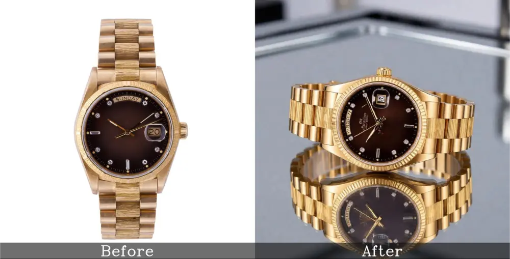 Before and after watch photo with a white background, then a reflective surface with reflection. 