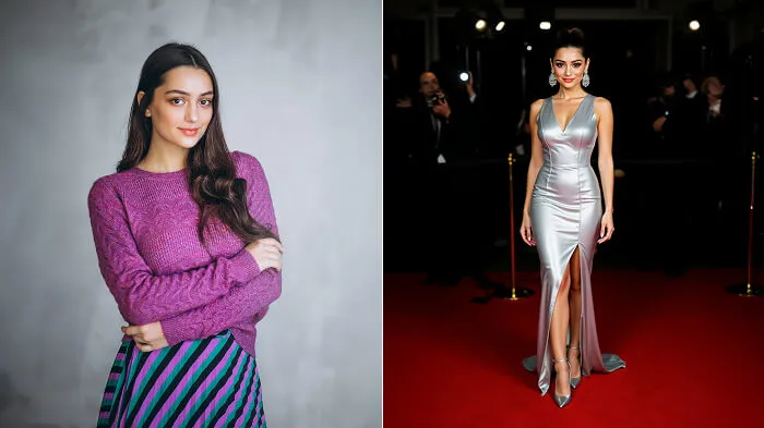 Before and after photo showing high ponytail and silver gown transformation.