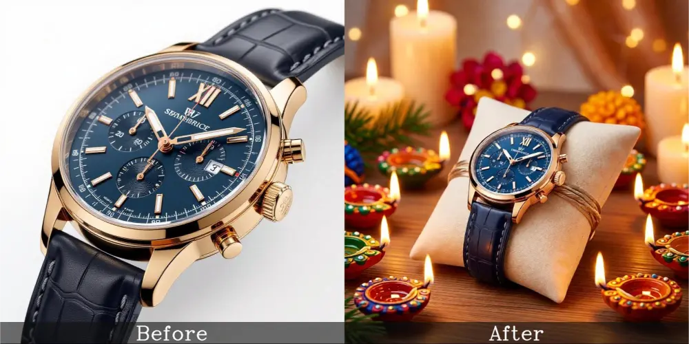 Before and after watch photo dial close-up, then festive Indian theme.