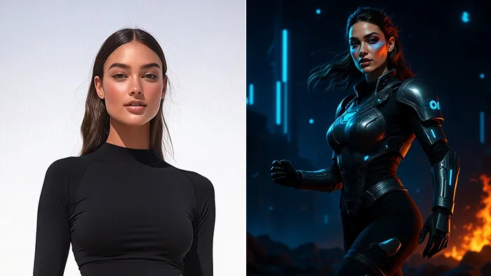 Before and after photo showing sci-fi armor pose with futuristic city lights.