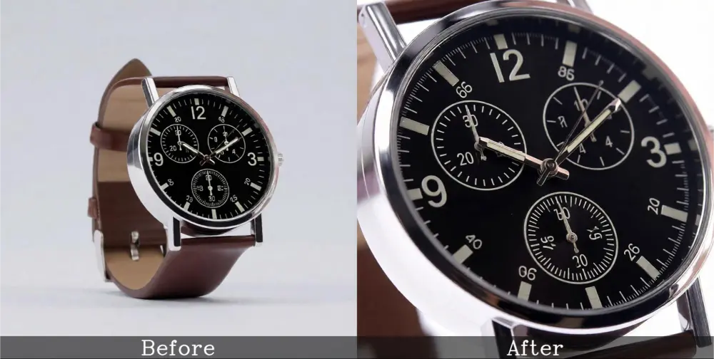 Before and after watch photo, brown watch on white background, then dial close-up.
