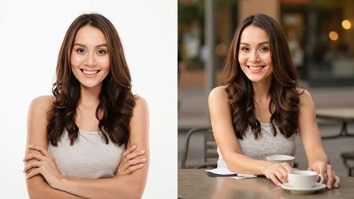 Before and after photo showing café table pose with soft daylight scene.