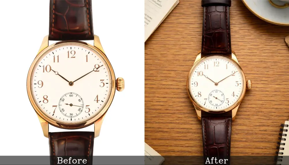 Before and after watch photo, close-up shot vs brown watch flat lay on table.