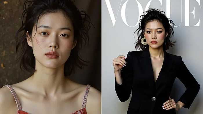 Before and after photo showing high-fashion editorial pose with magazine layout.