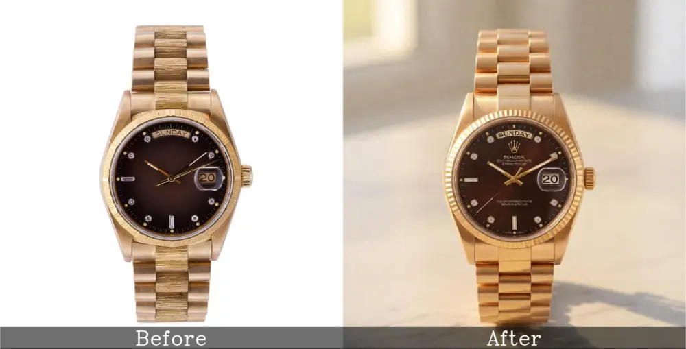 Before and after watch photo golden watch on white background, then natural daylight.