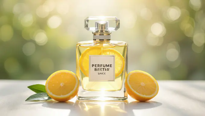 Perfume bottle with lemon and orange slices in bright light