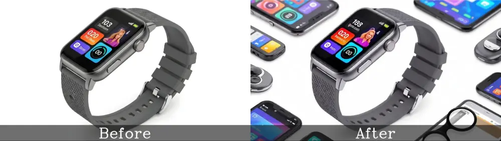 Before and after smartwatch photo with a white background, then the social media gadget setup.