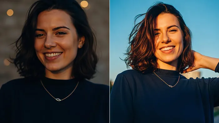 Before and after photo showing emotional close-up with soft dramatic lighting.