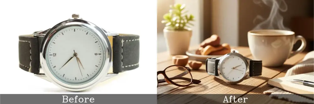 Before and after watch photo white background, then coffee shop table setup.