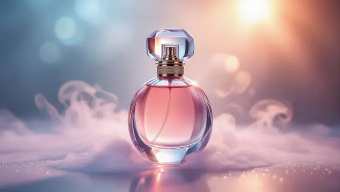 Perfume bottle surrounded by soft mist and glow