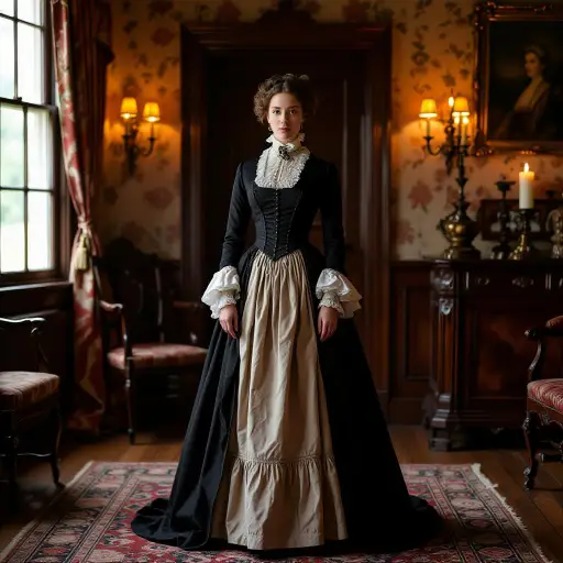 1800s portrait in candle-lit manor with period clothing.