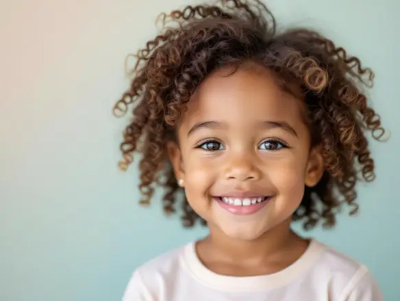 Cute smiling child studio portrait with pastel background.
