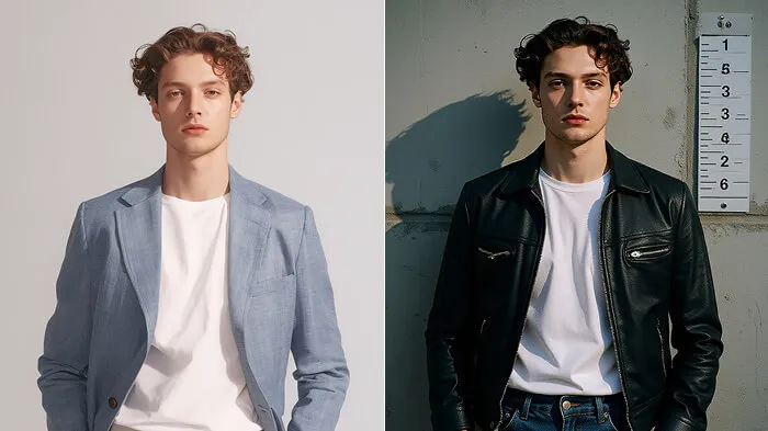 Before and after photo showing mugshot-style pose against concrete wall background.