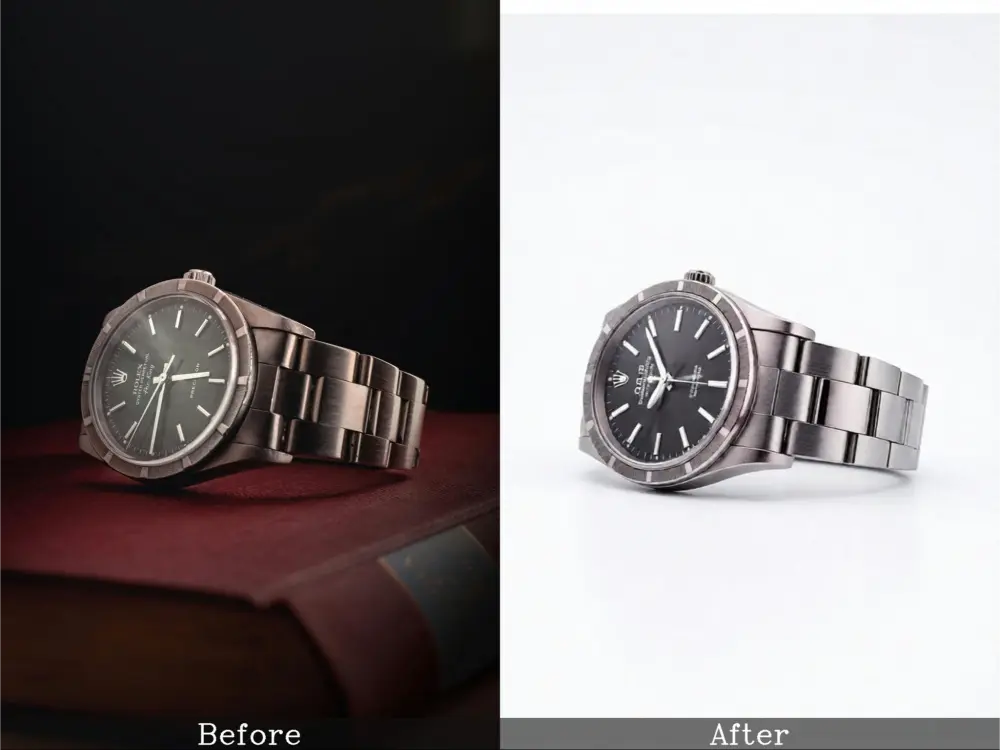 efore and after watch photo, black background, then clean white background.