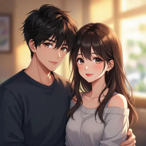 Anime-style romantic couple portrait with soft color palette