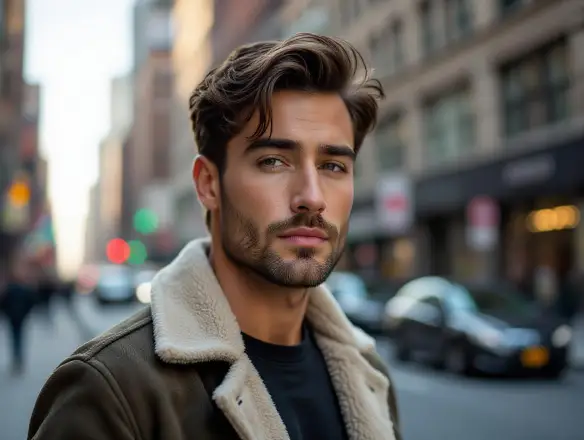 Modern street style portrait of a man in an urban outdoor setting.