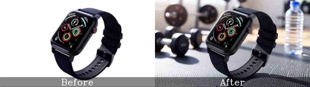Before and after smartwatch photo, plain background, then fitness gym setup