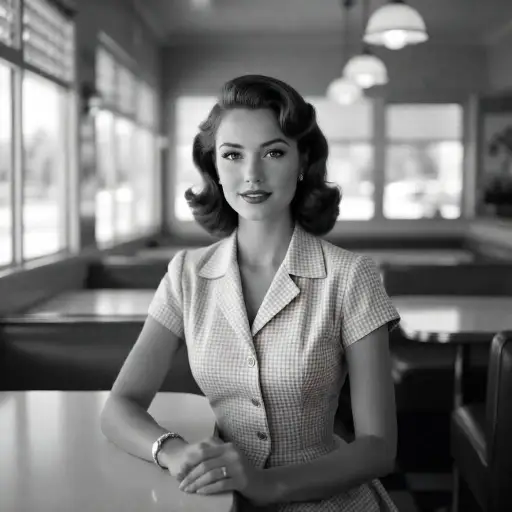 950s vintage portrait in diner or street with classic fashion.