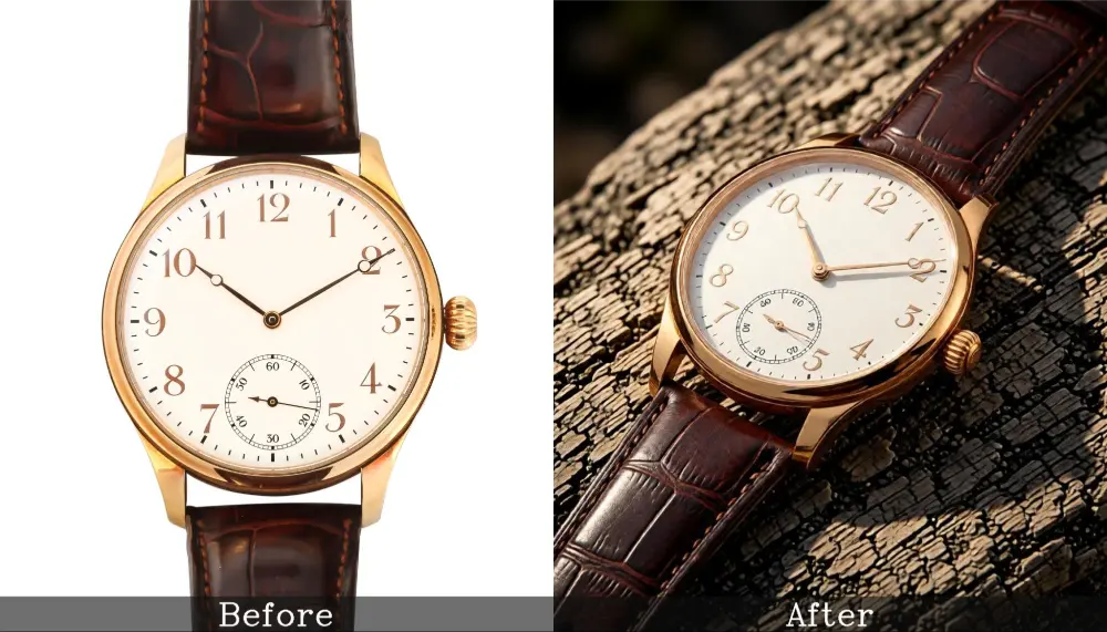 Before and after watch photo brown watch on plain background, then rugged surface look.