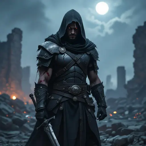 Dark fantasy warrior portrait in ruined battlefield at night.