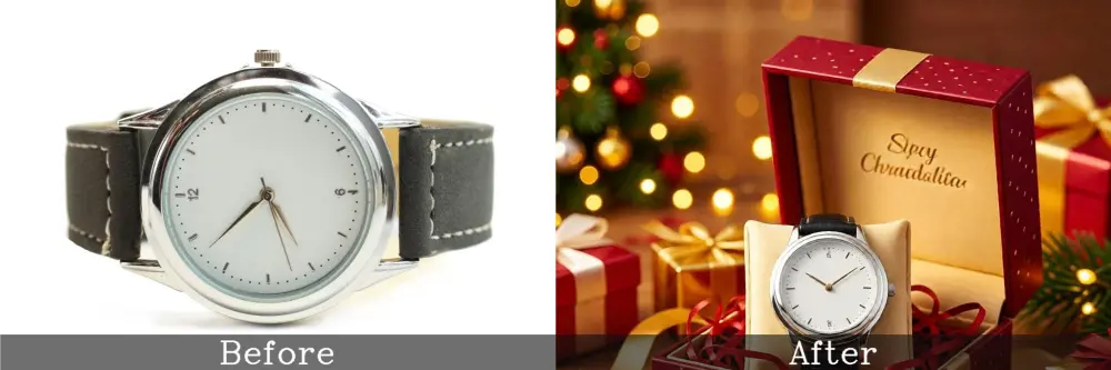 Before and after watch photo plain background, then gift and box setup
