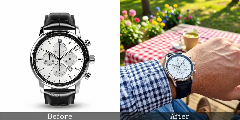 Before and after watch photo with a white background, then casual garden lifestyle.