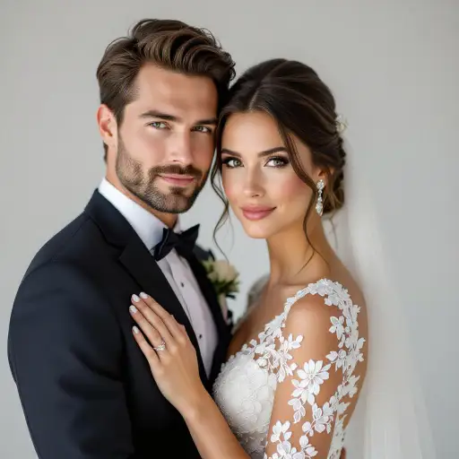 Wedding couple studio portrait with detailed outfits