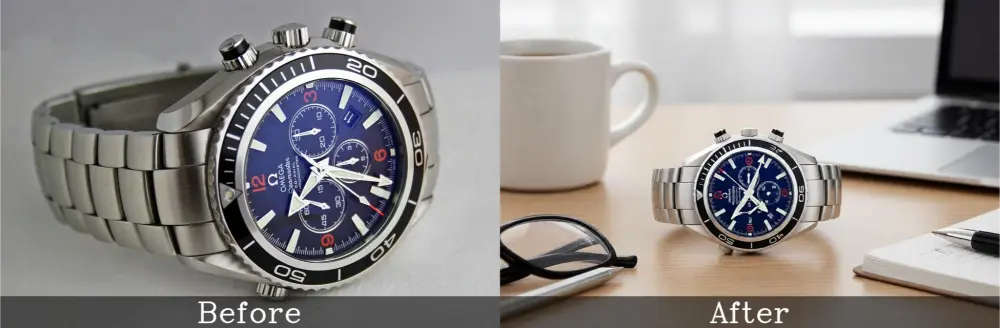 Before and after watch photo close product shot vs on office desk setup