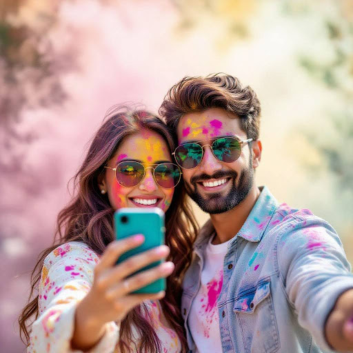 A couple taking a colorful Holi selfie together.