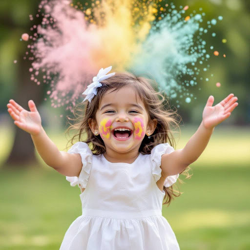 A little girl is throwing colorful Holi powder happily.