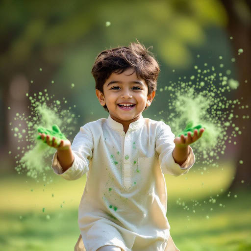 A boy running with green Holi powder flying.