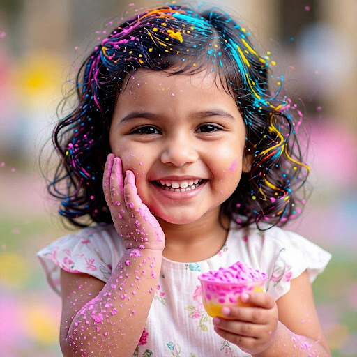Smiling child covered in Holi colors