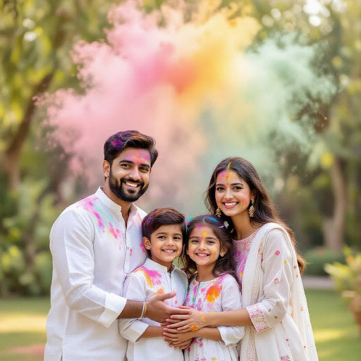 Family posing with Holi colors together happily.