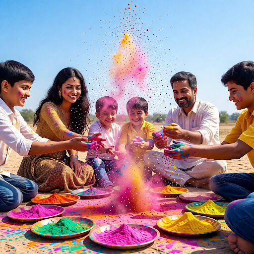 Family celebrating Holi with colors in a circle.