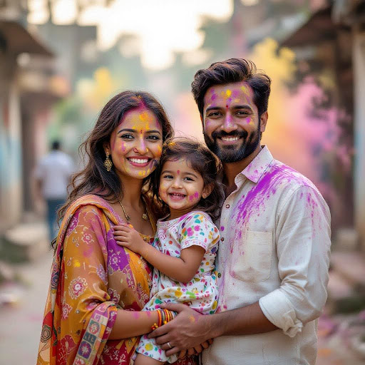 Family hugging with a colorful Holi background.