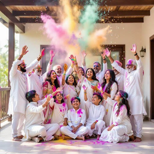 Joint family throwing colors on the terrace.