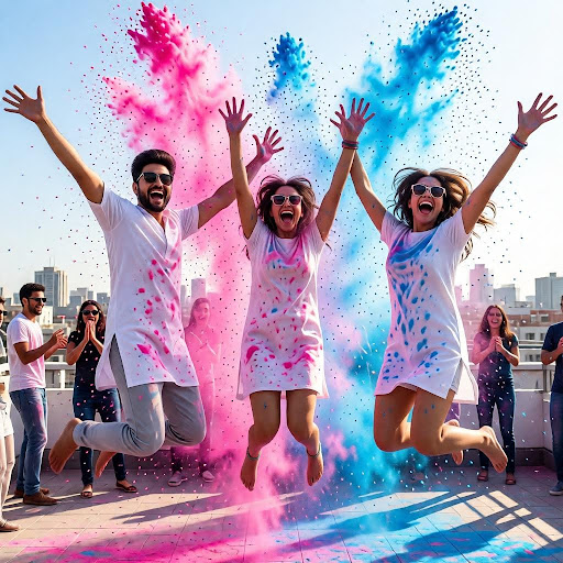 Friends jumping and throwing Holi colors.
