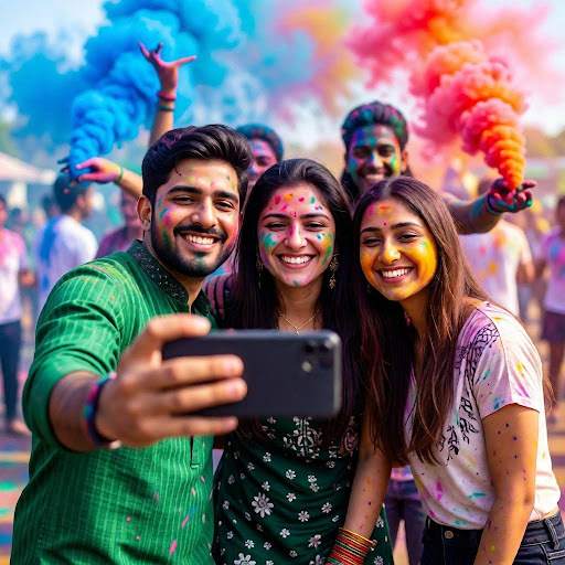 Friends taking a Holi selfie with color splash.
