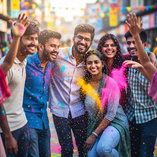 Friends dancing together with colors in the air.