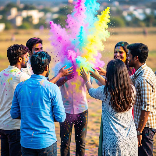 Friends throwing colors in a circle in a group of five.