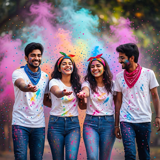 Stylish friends throwing powder toward the camera.