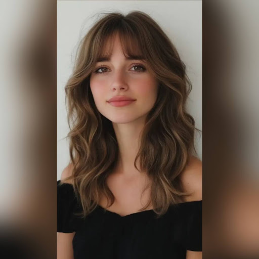 A woman with soft, wispy bangs in a natural look.