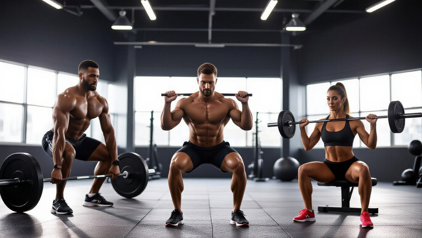 Gym photoshoot picture where two men & one women doing a workout.