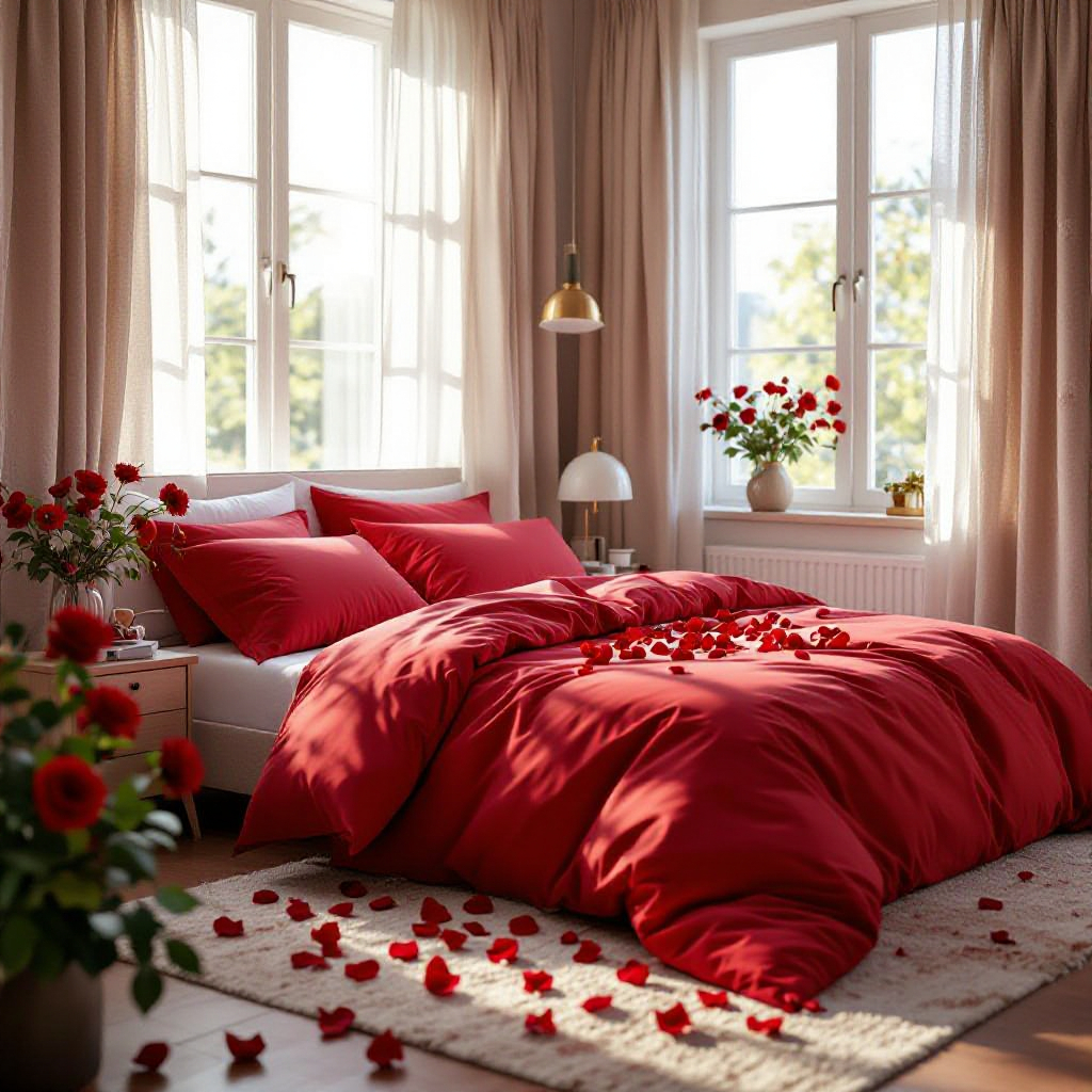 A bed filled with red flower petals & a beautiful Valentine's setup.